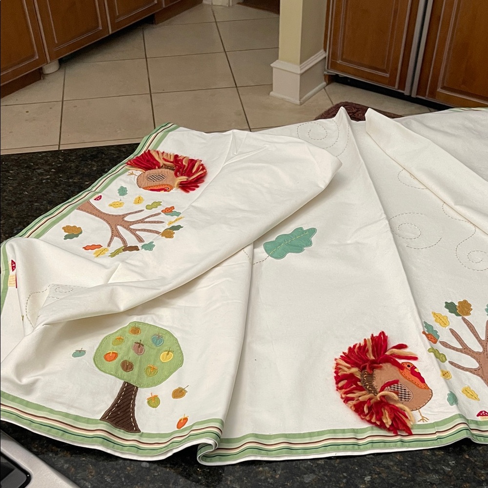 Embroidered Fall Tablecloth with Tree and Hedgehog Design
